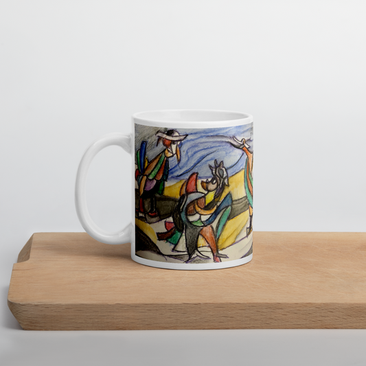 Ceramic mug with artist's motif and the inscription "Come together!"