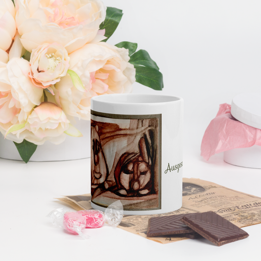 Keramikbecher mit Künstlermotiv und Aufschrift „Ausgeschlafen?"