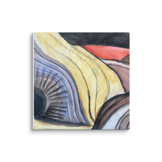 Pillow with a drawing in abstract forms in yellow and purple with some red