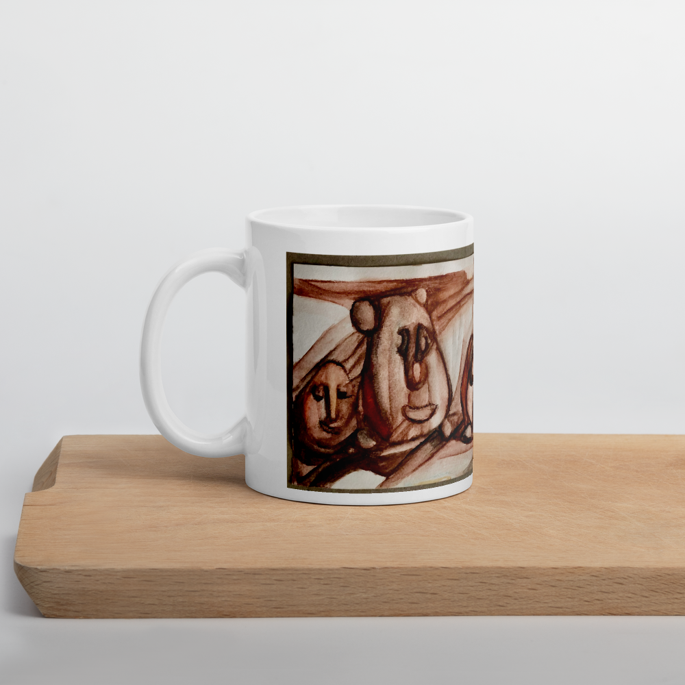 Keramikbecher mit Künstlermotiv und Aufschrift  „Ausgeschlafen?"