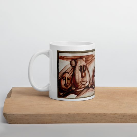 Keramikbecher mit Künstlermotiv und Aufschrift  „Ausgeschlafen?"