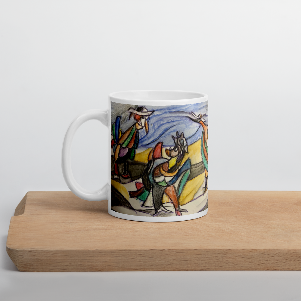 Keramikbecher mit Künstlermotiv und Aufschrift „Come together!"
