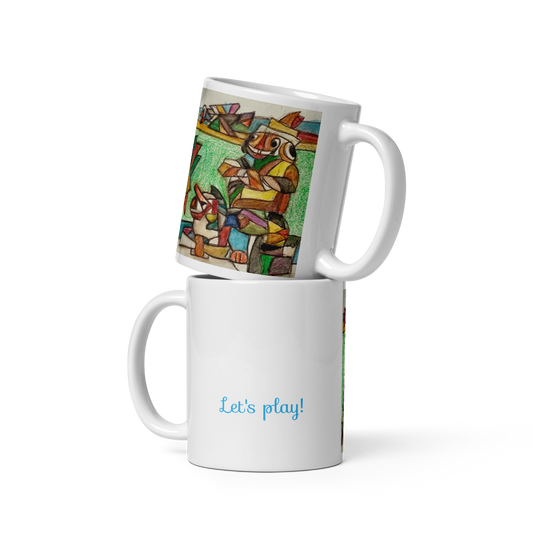 Ceramic mug with artist motif and the inscription "Let's play!"