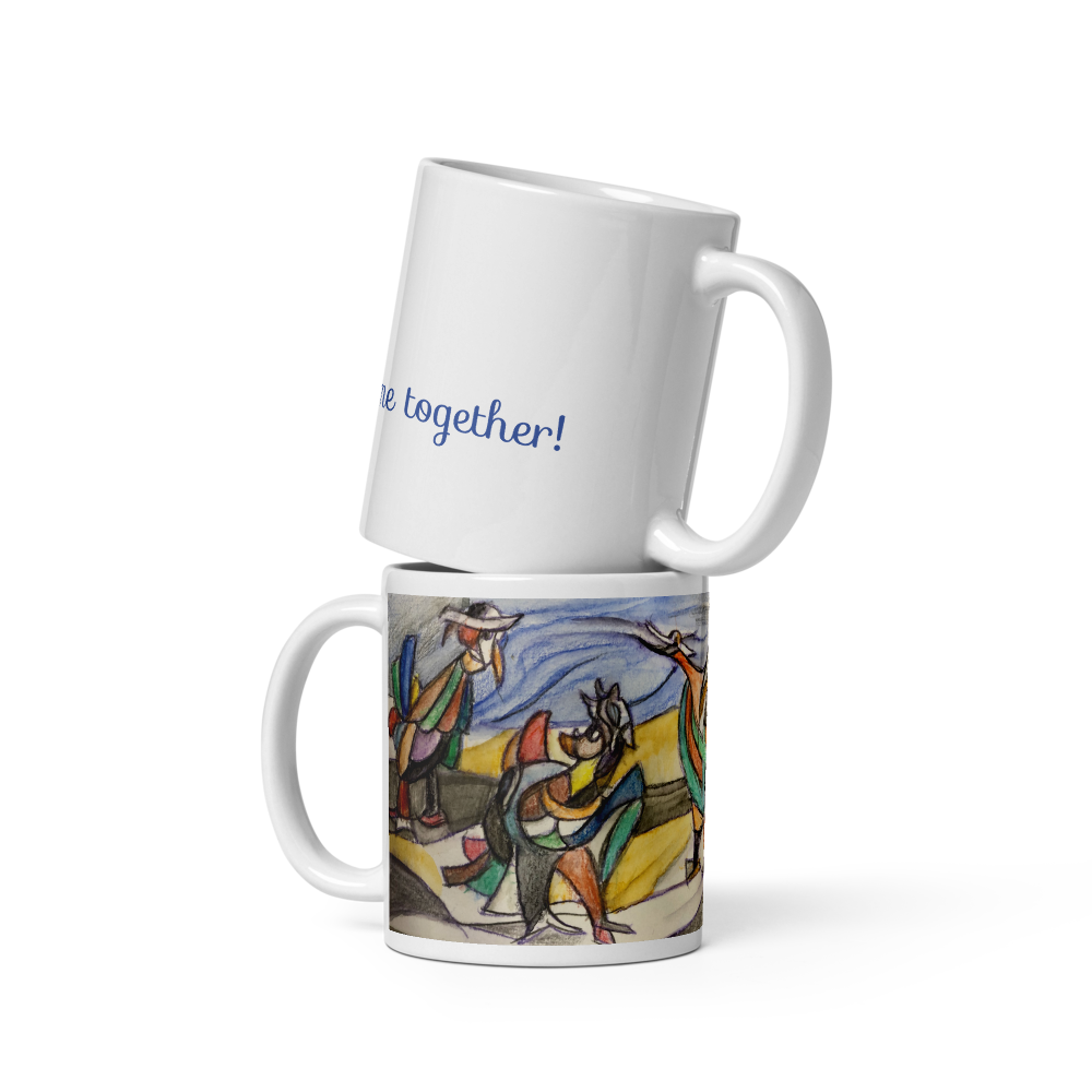 Keramikbecher mit Künstlermotiv und Aufschrift „Come together!"