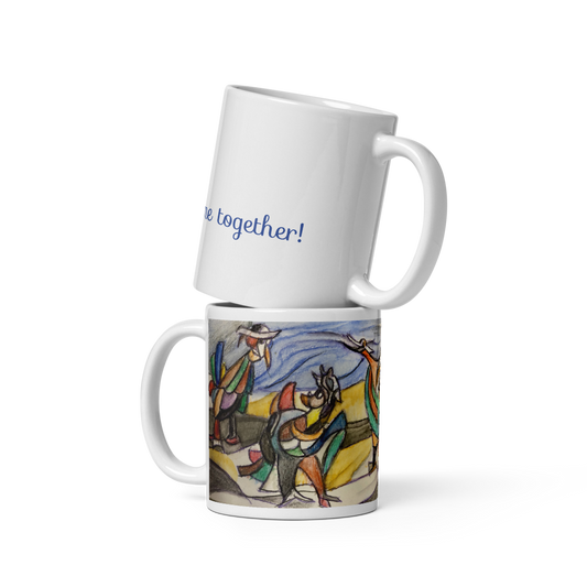 Ceramic mug with artist's motif and the inscription "Come together!"