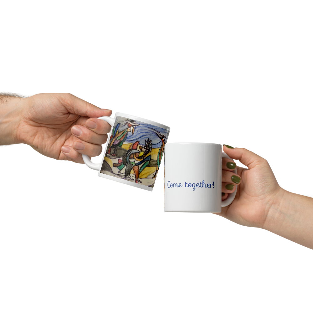 Keramikbecher mit Künstlermotiv und Aufschrift „Come together!"