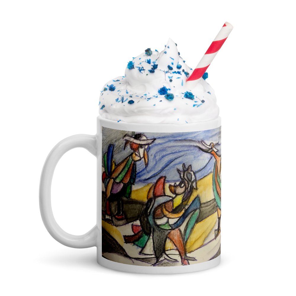 Keramikbecher mit Künstlermotiv und Aufschrift „Come together!"