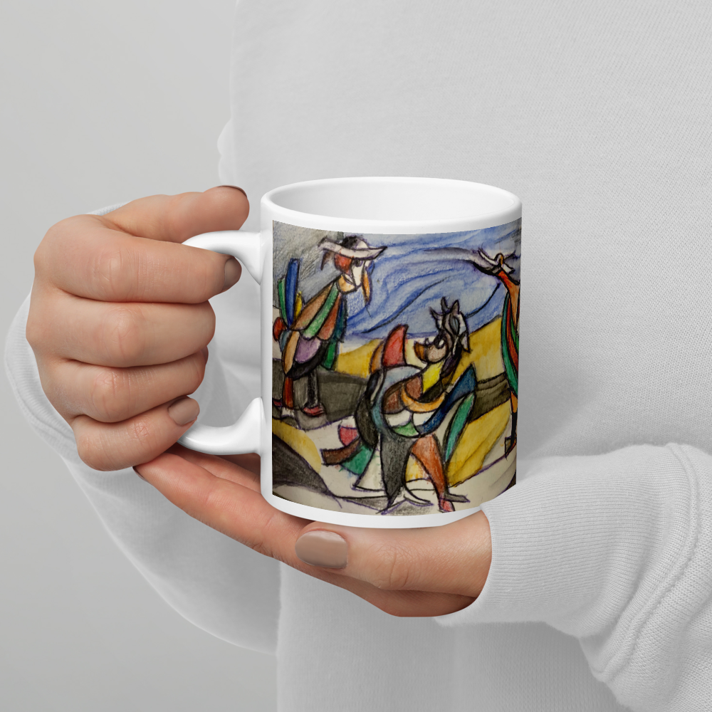 Keramikbecher mit Künstlermotiv und Aufschrift „Come together!"