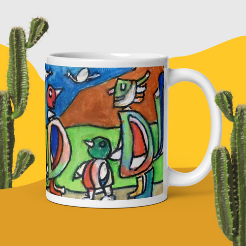 Keramikbecher mit Künstlermotiv und Aufschrift „Have a nice day!